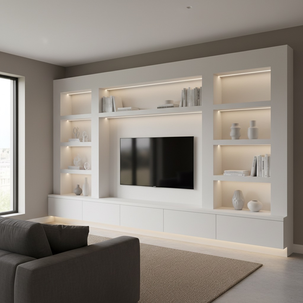 Mueble de pared blanco hecho a medida con estanterías iluminadas, decoración minimalista y un televisor integrado en el centro.