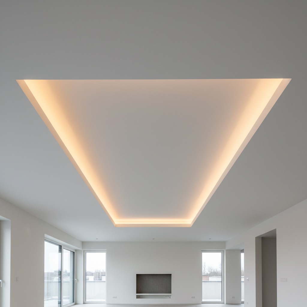Techo blanco con una moldura trapezoidal iluminada con luces LED indirectas en una sala de estar moderna.